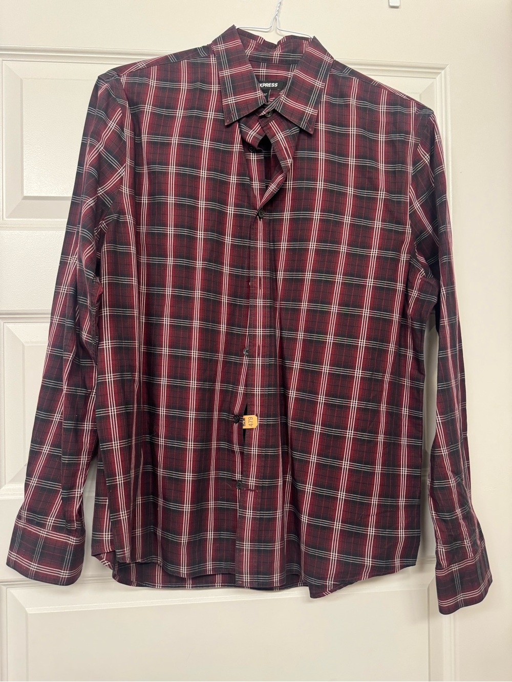 Express Men's Red and Black Plaid Button-Down Shirt